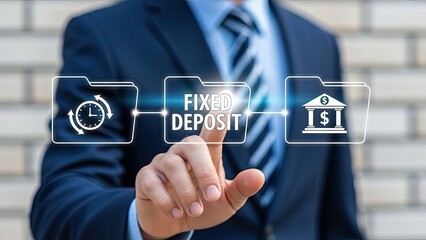 Businessman interacting with a holographic display featuring "FIXED DEPOSIT," flanked by icons for time-bound investments and banking services, symbolizing secure financial savings.