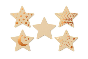 Obraz premium Grouping five diverse paper stars with intricate gold designs and textures, representing universal symbols of quality and aspiration