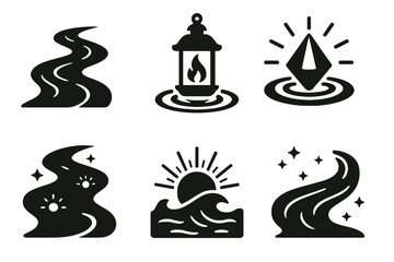 Fototapeta premium Mystical Waterway Icons. Solid style icons of mystical waterways in : river, lantern, prism ripple, glowing stream, radiant wave,
