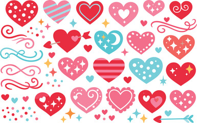 Naklejka premium Heart Pattern Clipart. Decorative hearts create a repeating textile print with tiny dots, sparkles, stripes, and curved swirls