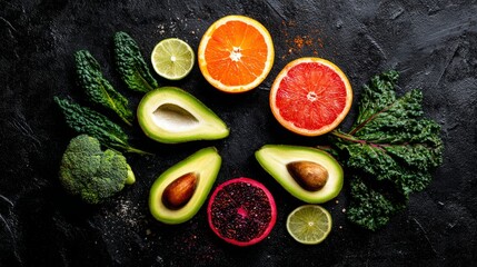 plantbased. Vibrant circle of six colorful superfoods glowing with natural energy on dark background. menu design, packaging mockups, designed for culinary blogs and recipe cards for restaurants.
