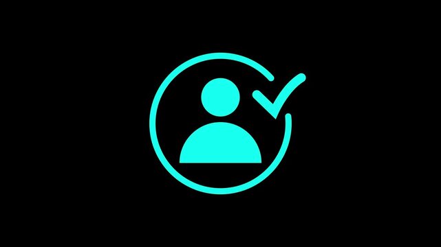 Glowing user profile verification icon animation on dark background, account approval concept with neon circle badge and check mark motion