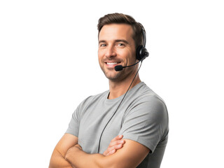 Smiling customer support representative with headset isolated on transparent background