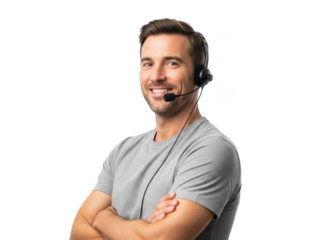Smiling customer support representative with headset isolated on transparent background