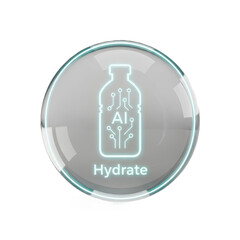 Glowing water bottle icon with ai details on transparent background