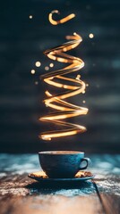 longevity. Vintage coffee cup with an infinite glowing spiral, symbolizing longevity and ritual. bar promotions, beverage menus, designed for food & beverage menus and cafe branding.
