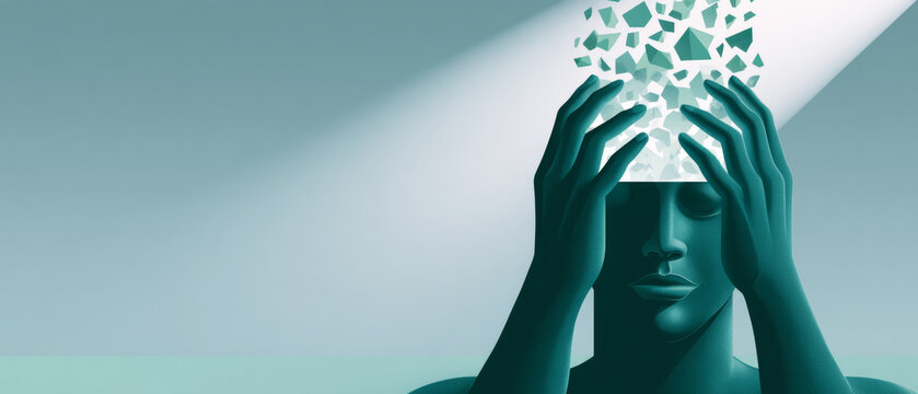 Abstract conceptual illustration of a person holding their head with fragmented pieces floating upward symbolizing mental stress or cognitive overload