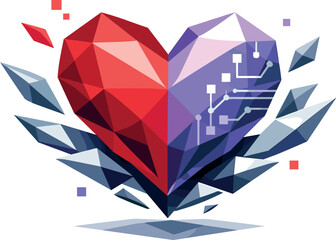 Obraz premium Futuristic Digital Heart. Low-poly vector illustration of a futuristic heart symbolizing digital romance and emotional technology,