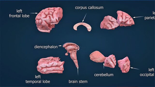 Different parts of the human brain include cerebrum, cerebellum, brainstem, lobes, and deep structures.
