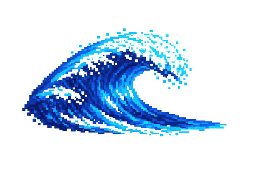 Blue pixel art ocean wave breaking with water splashing in a retro 8-bit digital graphic style, transparent background