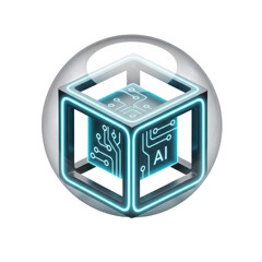 Glowing futuristic cube with circuitry on transparent background
