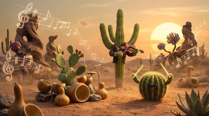 Surreal desert scene with anthropomorphic cacti playing musical instruments absurd botanical orchestra whimsical performance