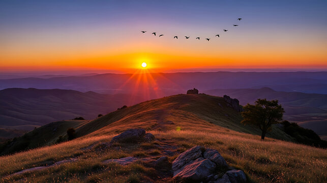 Breathtaking sunset over rolling hills and mountains, with a flock of birds flying in a V-formation.
