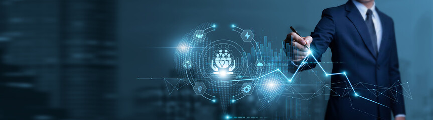 Businessman touches CSR data chart with pen and performs assessment on corporate social...