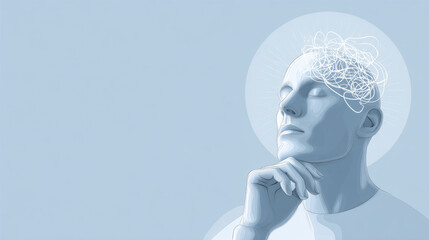 Abstract illustration of a thoughtful person with tangled lines representing complex thoughts and mental confusion against a soft blue background