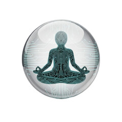 Meditating figure with circuit board design on transparent background