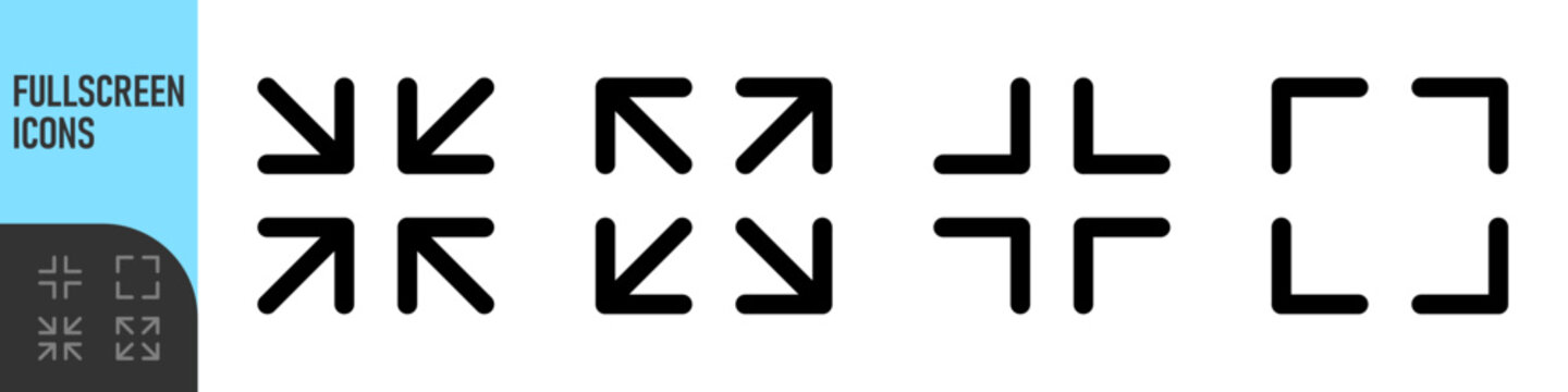 Expand, minimize and fullscreen icons with arrow and resize icons for navigation, expansion, and adjustment . Perfect for web, app interfaces. Color icon set