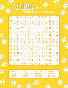 Spring word search puzzle game on a yellow daisy background worksheet. Printable family activity for spring season. Educational game for children and adults, learning English vocabulary