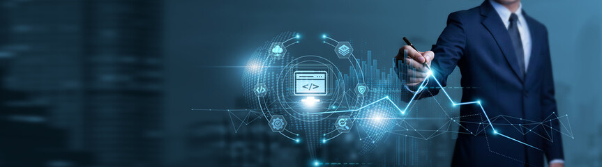 Businessman touches website data chart with pen and performs analysis on web development projects,...