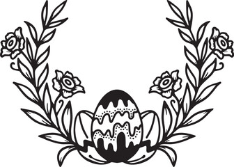 A decorative black and white floral frame surrounds a patterned easter egg illustration