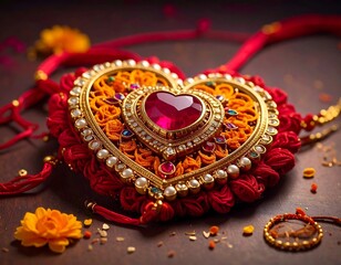 Fototapeta premium Ornate heart-shaped jewelry with red gem, gold detailing, and woven textures on a dark surface