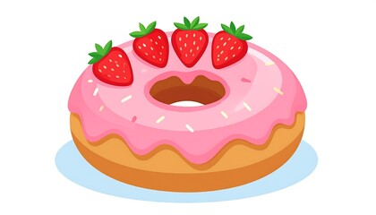 Pink frosted donut adorned with strawberries sitting on a light blue plate