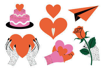 A colorful illustration of various Valentine's Day symbols, including hearts, cake, and flowers.
