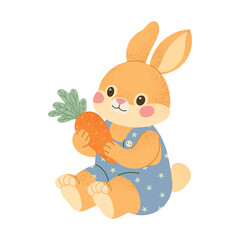 Cute bunny holding carrot. Adorable baby rabbit character in overalls with vegetable. Sweet animal illustration for Easter, spring kids design. Flat vector illustration isolated on white background.