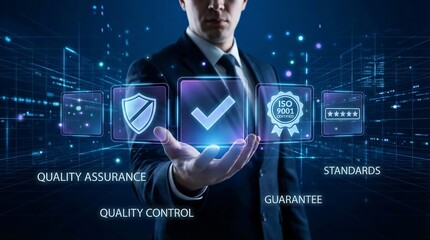 Businessman Hand Holding Digital Quality Management System Icons