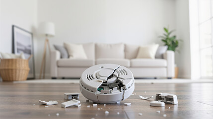 damaged smoke detector lying on the floor in a modern living room, showing home safety failure, maintenance issue and household risk