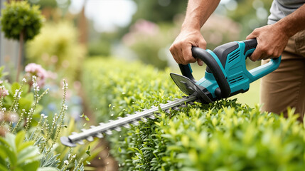 close up of a man using an electric hedge trimmer to shape green bushes in a garden, showing outdoor work and home maintenance