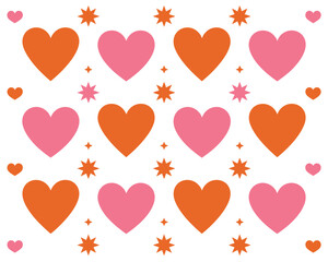 A colorful pattern of hearts and stars in shades of pink and orange on a white background