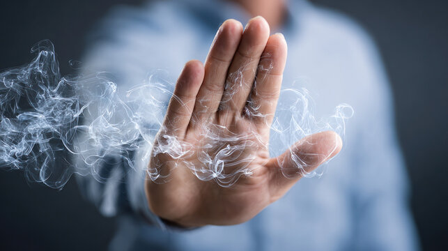 Smokeless hand, an act of rejection: A person's hand, partially obscured by wisps of smoke, conveys a clear message of rejection.