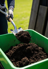 Gardener shoveling rich soil into a green wheelbarrow. Hands in gloves using a spade to move organic compost. Vertical gardening photo