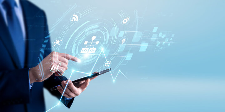 Software developer using the tablet and analyzing algorithm development data. computational logic design, problem solving workflow, coding optimization strategy
