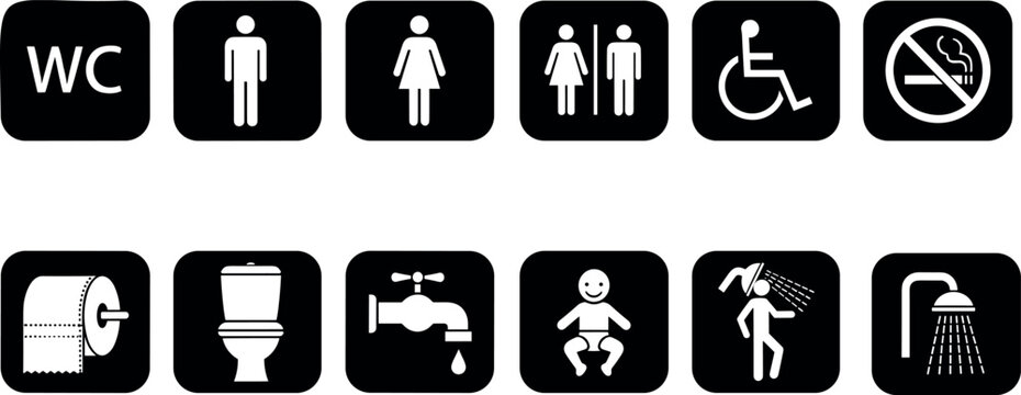 Restroom and hygiene icon set, public facility signage, toilet symbols, accessibility signs, shower and baby station icons, WC pictograms, no smoking