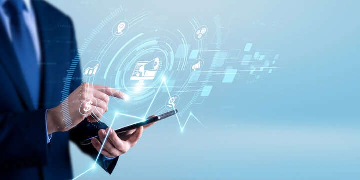 Marketing strategist using the tablet and analyzing digital marketing campaign data. online growth strategy, audience engagement analytics, brand performance optimization, advertising insights
