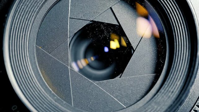 Close-up of a silver camera lens aperture blades opening