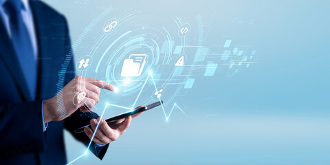 Data analyst using the tablet and analyzing open data resources. public information access...