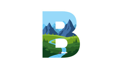 Letter B with Natural Mountain Landscape and River © solihul
