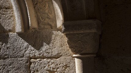 jamb. Ancient stone archway jamb with carved textures in sunlight. real-estate listings, architecture portfolios, designed for real-estate listing and luxury residence showcases.
