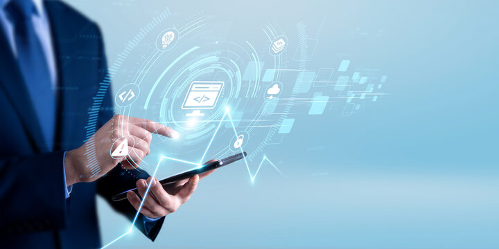 Web developer using the tablet and analyzing web development data. website performance optimization, coding workflow analytics, front end and back end development strategy