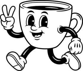 Cute Retro Coffee Cup Mascot Cartoon Character with Peace Sign &ndash; Black and White Vector Illustration