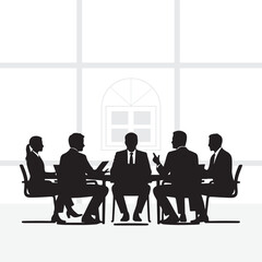 A group of business professionals in a meeting with a window in the background