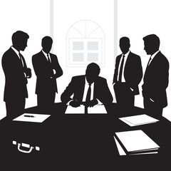 A group of businessmen in suits gathered around a conference table in a modern office