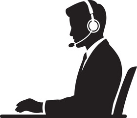 A silhouette of a man wearing a headset and sitting at a desk