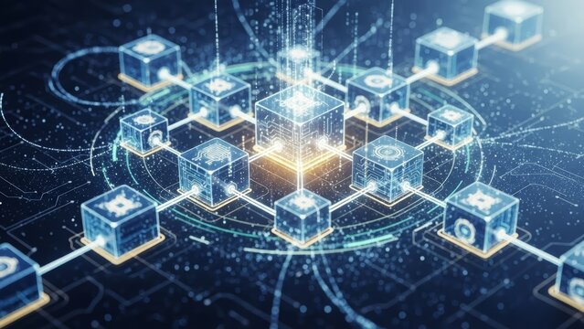 Futuristic Digital Network Concept Illustrating Secure Data Exchange and Interconnected Global Infrastructure, Representing Advanced Technological Communication and Information Flow