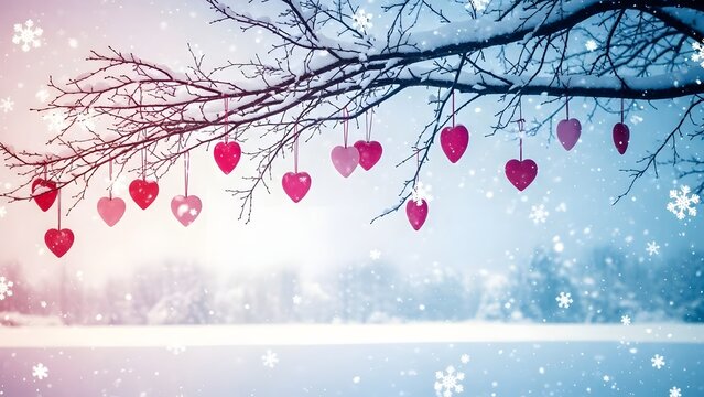 Valentine's day winter wonderland heart decorations in snowy landscape on st valentine's day