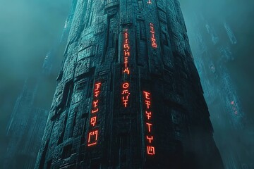 massive alien tower covered in alien script and glowing symbols