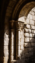 jamb. Ancient stone archway jamb with carved textures in sunlight. real-estate listings, architecture portfolios, designed for real-estate listing and luxury residence showcases.
